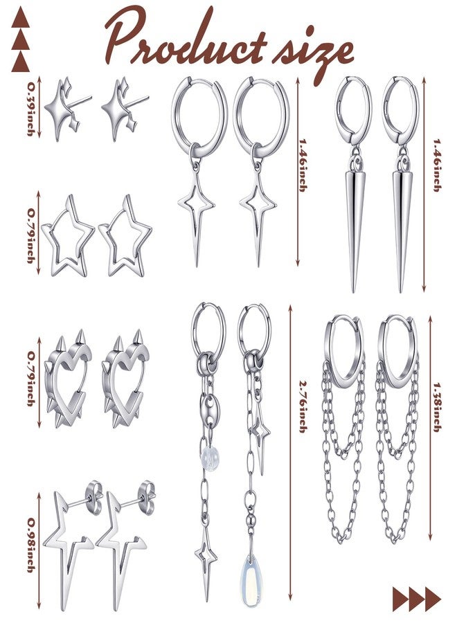 Quelay 8 Pairs Hoop Dangle Earrings for Men Women Goth Gothic Grunge Emo Punk Y2k Kpop Tassel Chain Drop Stud Earrings Christmas Jewelry Gifts(Star Style,Silver) - Image 2